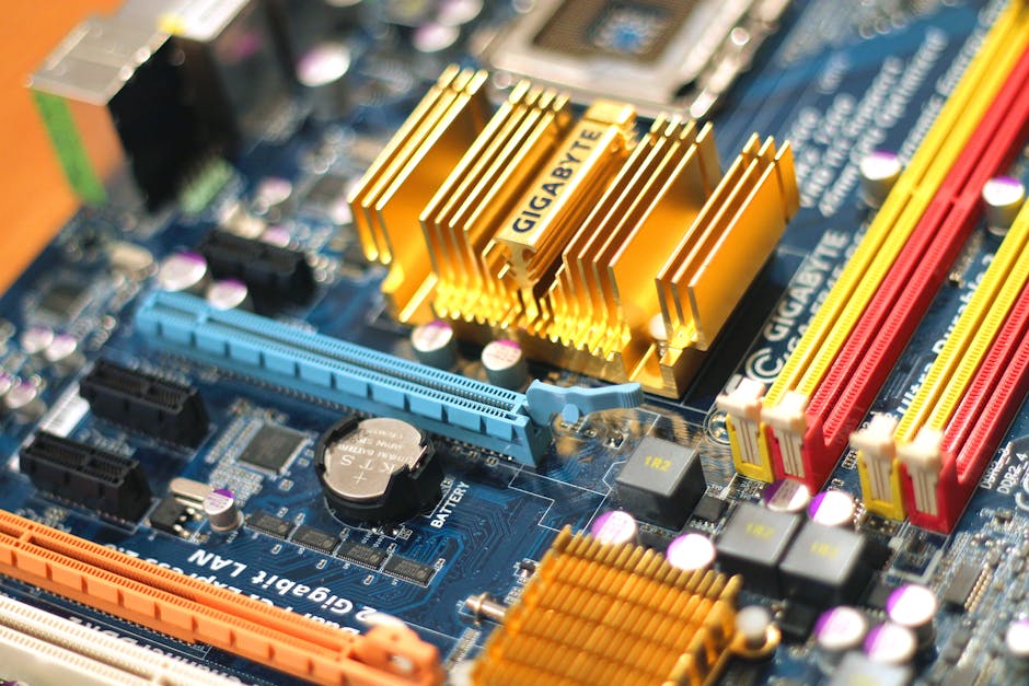 Detailed close-up of a computer motherboard showcasing various electronic components